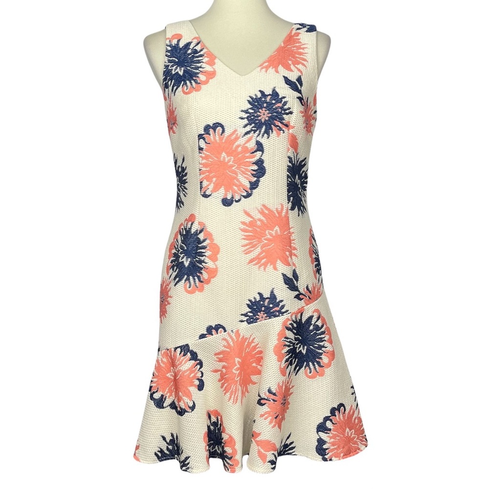 ANTONIO MELANI White Floral Midi Dress with Coral and Navy Blooms, size 4